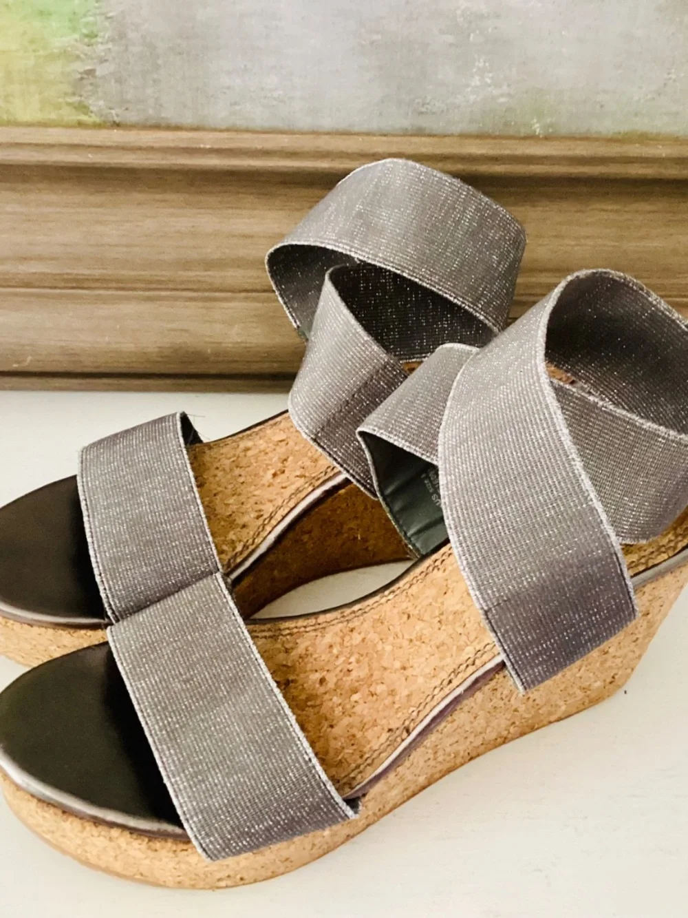 Volatile Silver Elastic Ankle Strap Wedge Cork Platforms Women’s Size 8 Stretch